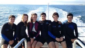 Justin Martinez (left), Carolina Gonzalez, Sophie Garcia, Andrew Socarras, Kesley Piedra, and JonathanUrdaneta prepare for first dive into “The Caves.”