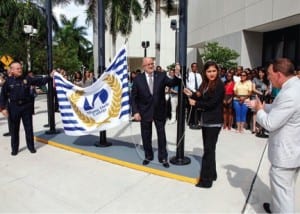 Pictured at the flag raising ceremony are (l-r) Mike Perez, public safety chief; Dr. Eduardo J. Padrón, MDC president; Michelle Ampie, Wolfson Campus SGA president, and Dr. Jose A. Vicente, Wolfson Campus president. 