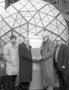 Overcoats were dress-ofthe- day in New York for (l-r) Tim Tompkins, president, Times Square Alliance; Dean Wilson, president, American Welding Society; Roger Bardwell, P.E., C.W.I, Hudson Scenic Studios; Jeff Straus, president, Countdown Entertainment, during award ceremony