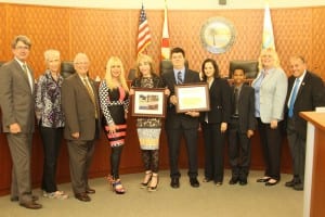 Commissioner George “Bud” Scholl, Aventura Marketing Council President Elaine Adler, Mayor Norman S. Edelcup, Denise Rubin, Judy Weinberg, Justin Brooks, Commissioner Jeanette Gatto, NSE SIB K-8 Student Council President Timothy Bryd, Commissioner Jennifer Levin, Vice Mayor Isaac Aelion.