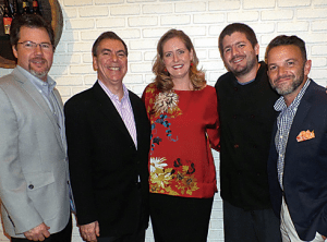 Pictured at Rotary Wine Dinner at Angelique Euro Café are (l-r) Gables Rotary president Don Trombly; Angelique’s owner Carlos Rossi; Rotary’s Community Service chair Lorraine Sheldon; Angelique Euro Café Chef Max Heymann, and Mondavi rep Miguel Pla.