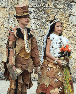 Two students from Rockway Middle School are attired in garments made from materials found in nature during Botanical Fashion Show.