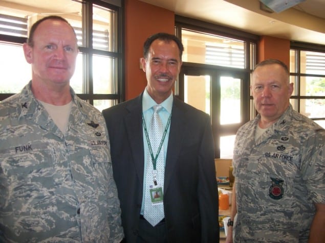 At the invitation of Col. Chris Funk, 482nd Fighter Wing commander, Homestead Air Reserve Base (left), Luis Cerezo, Homestead Job Corps Center director (middle) and many other community supporters participated in ribbon cutting and rededication ceremonies on the Base. The day culminated with a tour of the three new facilities which include the Sam Johnson Fitness Center, the Army Air Force Exchange Service Express and the Community Activity Center.  Pictured on the right, Col. Elwin Rozyskie, 482nd Mission Support Group commander.