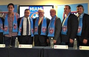 From left to right: Miami FC Head Coach Alessandro Nesta, Miami FC Co-owner Riccardo Silva, FIU President Mark B. Rosenberg, Miami-Dade County Mayor Carlos Gimenez, NASL Commissioner Bill Peterson, FIU Executive Director of Sports and Entertainment Pete Garcia.