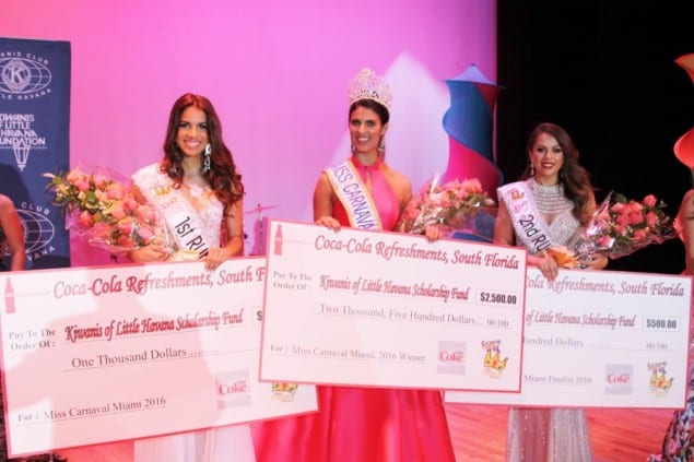 From left:  Miss Carnaval Miami 2016 1st Runner-Up Linette de los Santos, Miss Carnaval Miami 2016 Lelany Marie Barea and Miss Carnaval Miami 2016 2nd Runner-Up Priscilla Ferreyra accept their scholarship funds as part of the 35th Annual Miss Carnaval Miami 2016 pageant.