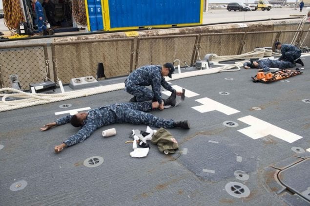 Local sailor participates in shipboard casualty drill