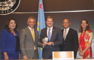 From left: Doral Councilwoman Sandra Ruiz, Doral Mayor Luigi Boria, Aruba Prime Minister M.G. “Mike” Eman, Aruba U. S. Minister Plenipotentiary Andy Lee, Nathalie Olijslager-Jaarsma, Consul General for the Kingdom of the Netherlands in Miami.