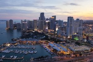 Aerial View of Downtown Miami Skyline in early morning showing Biscayne Boulevard, Bayside and Bayfront Park and the downtown business district.