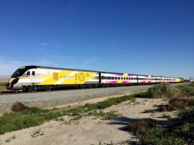 BrightPink in Indio, California, on its 3,000 mile trip to Workshop b, Brightline’s railroad operations center in West Palm Beach, Florida.