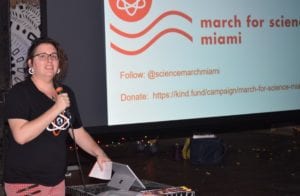 Organizer Christina Estela Brown stirs up interest in the March among the many nerds gathered at Gramps Pub in Wynwood.