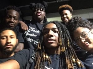 (L-R) Members of the Florida Freedom Writers like Adonis Valdez, Andrew Ruby, Joyce Morin, William Gordon, Ni’ja Maxwell and Jazzline Vergara perform for students, administrators and members of their community with the goal of fostering positive creative change. | Photo credit: Precious Symonette. 