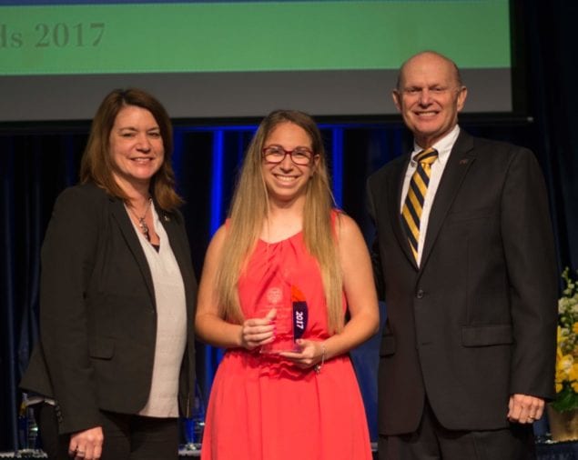 Jaime Weiser (center), Sophomore Leadership Award recipient, with Cathy Akens (left), associate vice president for Student Affairs and Dean of Students, and Larry Lunsford (right) , vice president for Student Affairs.