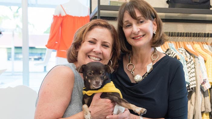 Hostess Lucille Zanghi for the Born Free Pet Shelter's event at the Trina Turk and Mr. Turk MiMo Boutique. Seen here with dedicated shelter supporter Maria Delange and an adorable adoptable Chihuahua.