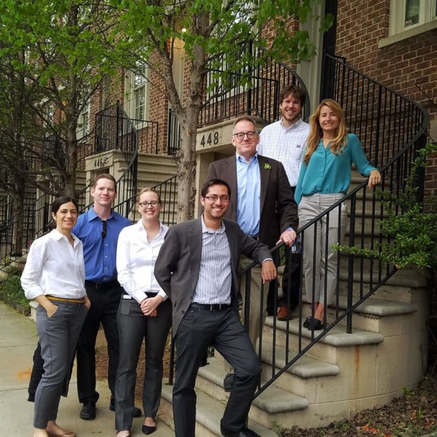 Members of the Dover, Kohl & Partners team in Glenwood Park, a new neighborhood in Atlanta designed by the firm (L-R: Wendy Caraballo, James Dougherty, Emily Glavey, Kenneth Garcia, Victor Dover, Adam Bonosky, Luiza Leite)