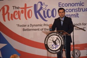 Puerto Rico Governor Ricardo Rosello offers a message of hope at San Juan business summit.