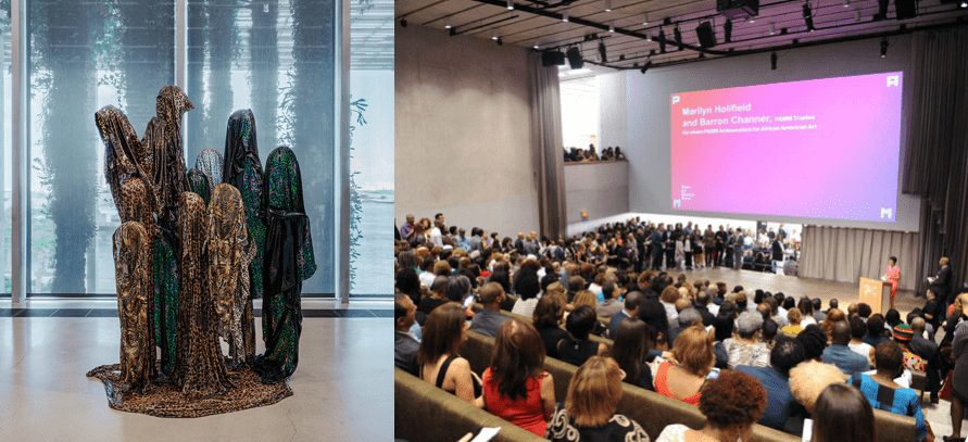 LEFT: Kevin Beasley, Untitled (parade), 2016. Collection Pérez Art Museum Miami, museum purchase with funds provided by Jorge M. Pérez and the John S. and James L. Knight Foundation, and PAMM Ambassadors for African American Art. Photo: Oriol Tarridas. RIGHT: Reception for the PAMM Fund for African American Art. Photo: WorldRedEye.com.