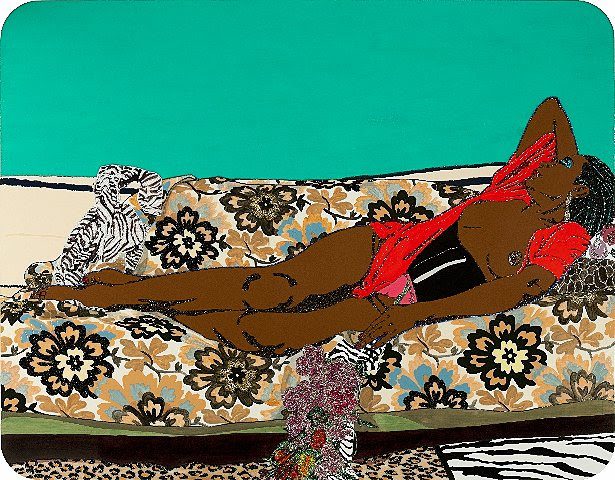 Portrait of Mamma Bush by Mickalene Thomas (2010), rhinestones, acrylic and enamel on wood (Girls' Club collection)