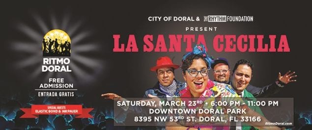 La Ciudad de Doral, en asociación con The Rhythm Foundation, presentará a la banda de rock latino ganadora del Grammy, La Santa Cecilia, junto con Elastic Bond y el Sr. Pauer, del sur de la Florida, en el muy esperado tercer anual Ritmo Doral, un concierto multinacional y evento cultural que tendrá lugar el sábado 23 de marzo de 2019 en Downtown Doral Park. El festival es gratuiti y está concebido para entretener a una audiencia familiar, promoviendo los lazos culturales, diplomáticos, comerciales y turísticos de la comunidad. Este evento para todas las edades contará con vendedores de comida y bebidas, y ofrecerá actividades para niños, así como actividades de arte y presentaciones culturales de la Ciudades Hermanas de Doral y de la comunidad local. El grupo ganador de los premios Grammy®, La Santa Cecilia, con sede en Los Ángeles, se formó en 2007 por la cantante Marisol 'La Marisoul' Hernández, el acordeonista / requinto José 'Pepe' Carlos, el percusionista Miguel 'Oso' Ramírez y el bajista Alex Bendana. La banda fue galardonada con el Grammy 2014 por "Mejor Álbum de Rock Latino" por sus Treinta Dias (Universal Music). Llamada así por la propia patrona de la música, Cecilia. La Santa Cecilia ejemplifica el híbrido creativo moderno de la cultura latina, el rock y la música del mundo. El grupo se inspira en sus ritmos panamericanos favoritos: cumbia, bossa-nova, rumba, bolero, tango, jazz, incluso música klezmer. Sus sonidos únicos y la experiencia de sus coloridas y apasionadas actuaciones cautivan tanto a los fieles seguidores como a los nuevos oyentes. La banda se ha convertido en la voz de una nueva generación bicultural en los Estados Unidos, totalmente inmersa en la música moderna, pero siempre cercana a sus influencias latinoamericanas y su herencia mexicana. La apertura para La Santa Cecilia serán dos populares artistas “alt-latino” de Miami, Elastic Bond y Mr. Pauer. Elastic Bond infunde un sonido edificante autodenominado como alma psicodélica tropical. La banda comenzó en 2006 como una colaboración de estudio entre el productor y músico venezolano Andrés Ponce y la cantautora hondureña Sofy Encanto, y pronto se convirtió en una mezcla única de funk, hip hop, soul y sonidos latinos escritos e interpretados en español e inglés. En 2013, Elastic Bond firmó con Nacional Records y lanzó el álbum Real, que debutó en el número 1 en las listas de iTunes Latin Alternative. En 2017, la banda lanzó Honey Bun, coproducida por el ganador del Grammy Adrian Quesada. El Sr. Pauer ™ (Toto González) es un productor y mezclador nominado al Grammy Latino, nacido en la ciudad caribeña de Puerto la Cruz, Venezuela, y con sede en Miami por más de 21 años. Es considerado uno de los pioneros en los nuevos sonidos de Latin electronica que reciben reconocimiento por su álbum debut Soundtrack, que le otorga una nominación a "Mejor Álbum Alternativo" en la 12ª edición anual de los Premios Grammy Latinos. Conocedor de la música e investigador de los ritmos percusivos de todo el mundo, el exclusivo sonido "Electropico" de Pauer es una fusión única de música de baile electrónica nacida en Miami con géneros originados entre el Trópico de Cáncer y el Trópico de Capricornio: salsa, zouk, reggae , cumbia, dancehall, merengue, kuduro, etc. Acerca de Rhythm Foundation La fundación Rhythm Foundation, una organización cultural sin ánimo de lucro ubicada en Miami Beach es una plataforma de presentación de talento líder de música global en los Estados Unidos. Fundada en 1988 con el objetivo de aumentar la conciencia internacional a través de la música en vivo por medio de conciertos, eventos y festivales que presentan artistas establecidos e innovadores de todo el mundo. Prestando especial atención a aquellas culturas que se conectan con el público del sur de la Florida - música de Brasil, América Latina, África, el Caribe, Asia y Europa. QUÉ: Ritmo Doral con La Santa Cecilia CUÁNDO: 23 de marzo de 2019, de 6:00 p.m. a 11 p.m. DÓNDE: Downtown Doral Park, 8401 NW 53rd Terrace Doral FL 33166 LOS MEDIOS Maggie Santos 305-409-9762 o Maggie.Santos@cityofdoral.com Ritmo Doral es presentado por la Ciudad de Doral y producido por The Rhythm Foundation. Se recibe apoyo adicional de Baptist Health South Florida, Provident Doral at the Blue y Shops at Downtown Doral.