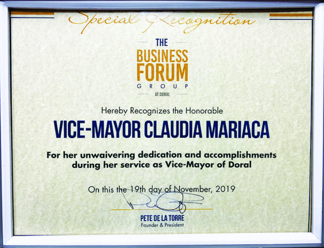 Vice Mayor Mariaca recognized by Business Forum Group, Rotary Club of Doral