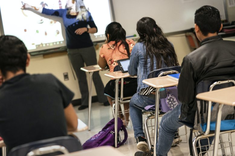 Children sit in a classroom with a teacher pointing at a whiteboard up front