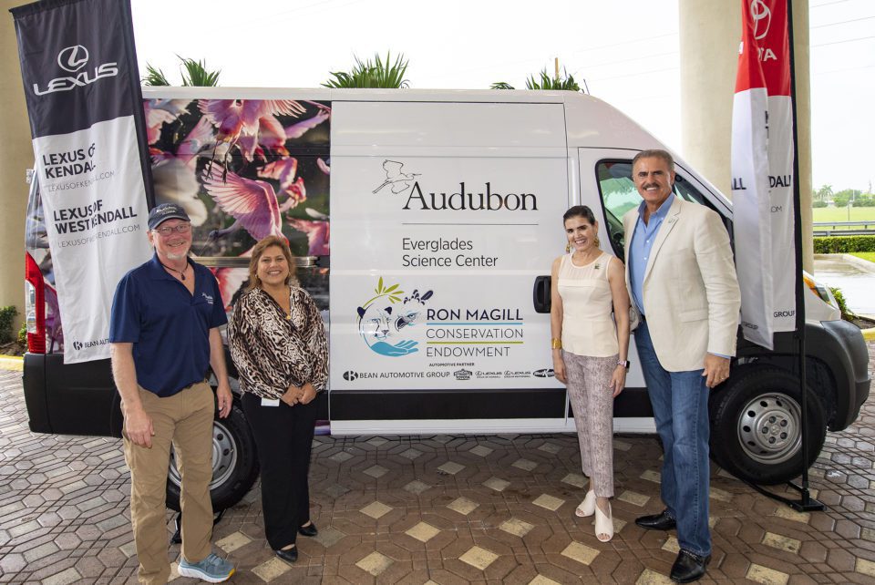 The names of the individuals in the image from left to right: Dr. Jerry Lorenz (Audubon Florida), Lori Bean (The Bean Automotive Group), Ana VeigaMilton (Zoo Miami Foundation), Ron Magill (Zoo Miami)