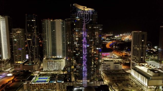 Electronic menorah lights-up Miami skyline for Hanukkah