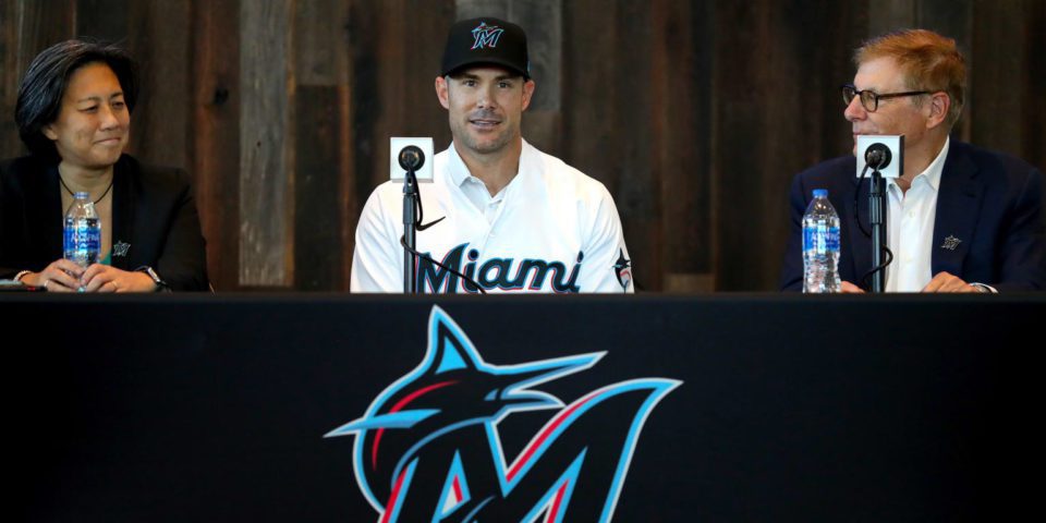 Manager Skip Schumaker of the Miami Marlins looks on against the