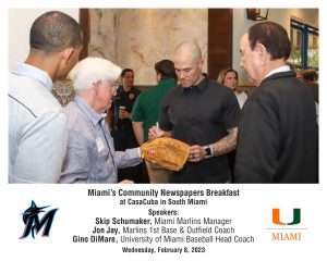 Community News Breakfast with Gino DiMare, Head Coach of UM Baseball, Skip  Schumaker and Jon Jay, Manager and First Base Coach for the Miami Marlins