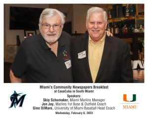 Community News Breakfast with Gino DiMare, Head Coach of UM Baseball, Skip  Schumaker and Jon Jay, Manager and First Base Coach for the Miami Marlins