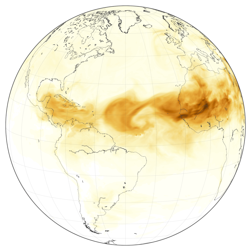 Map of the globe with brown plumes blowing west from northern Africa.