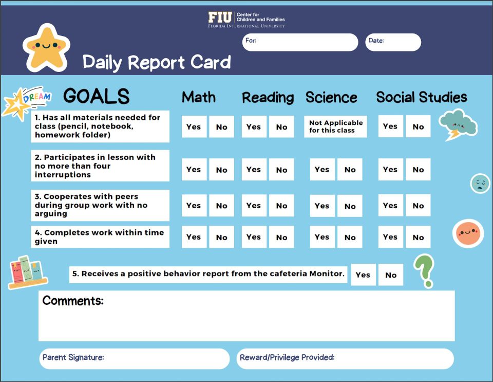 A cheery-looking card headed 'Goals' has columns for math, reading, science and social studies.