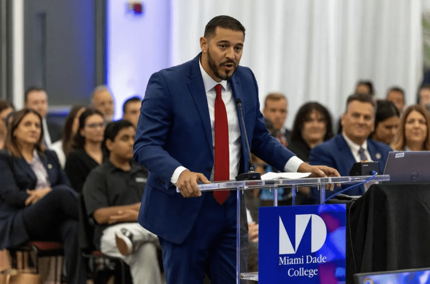 Anastasios Kamoutsas reacts to being selected as the next commissioner of education during a Florida State Board of Education meeting at Miami Dade College Wolfson Campus park on Wednesday, June 4, 2025, in Miami, Fla.