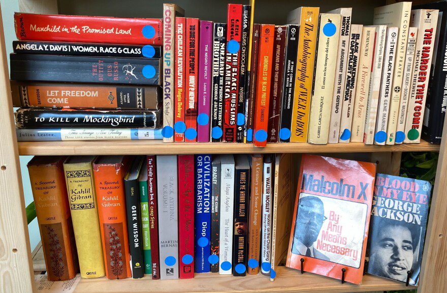 Many of the books on Root's shelves include title by black and hisp