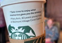 Seniors add uplifting quotes to coffee cups at Starbucks Seniors add uplifting quotes to coffee cups at Starbucks