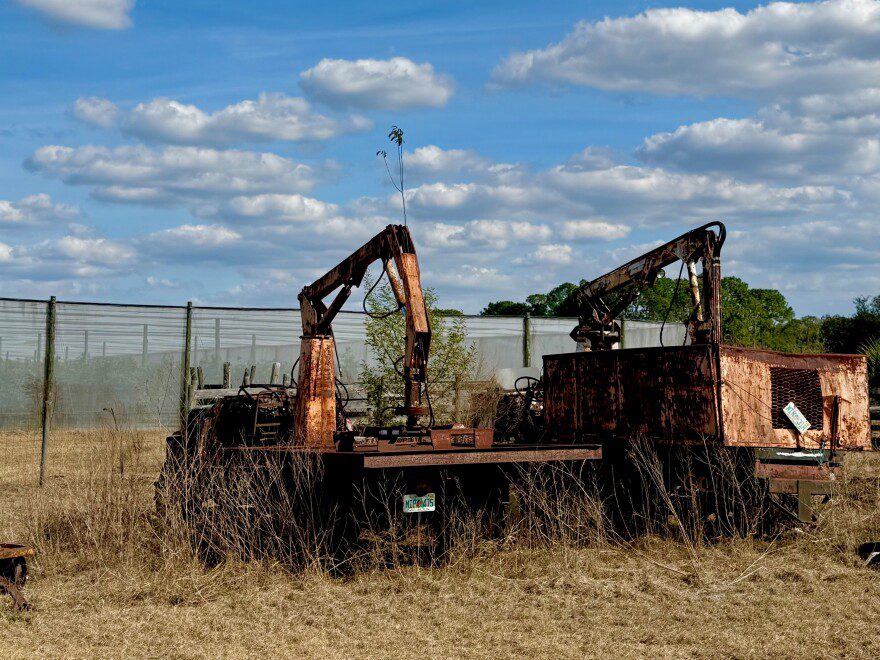 Two rusted fruit loaders sit just outside a two acre screenhouse at Vo-LaSalle Farms in De Leon Springs, FL. The screenhouse helps keep out the bug that carries the citrus greening disease, which has devastated Florida's citrus industry for the past 20 years.