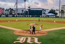miami takes the second game of the series 8-6 behind the strong hitting of Jake Ogden 405 evenomf gvoa par tripleslfoublt